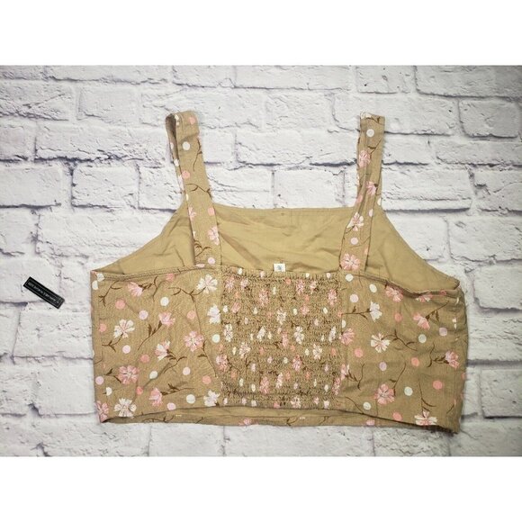 BP Womens Front Button Linen Tan Beige Pink Sophia Floral Crop Top Size 2X - Picture 2 of 5